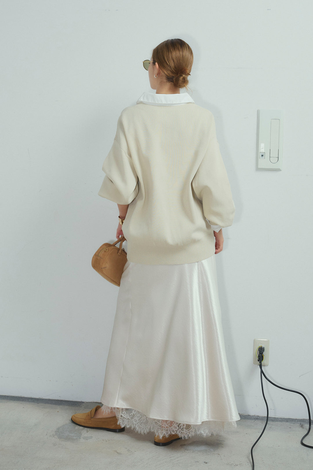 [予約/SET]プレッピーコントラストニット+裾レースサテンスカート(2set)