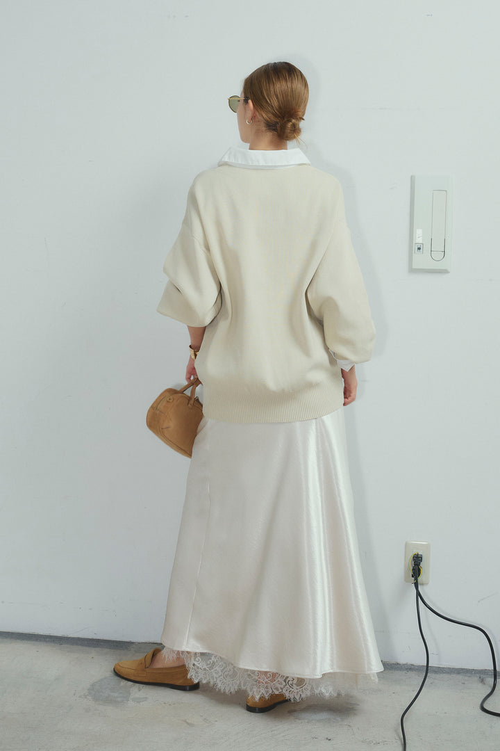 [予約/SET]プレッピーコントラストニット+裾レースサテンスカート(2set)