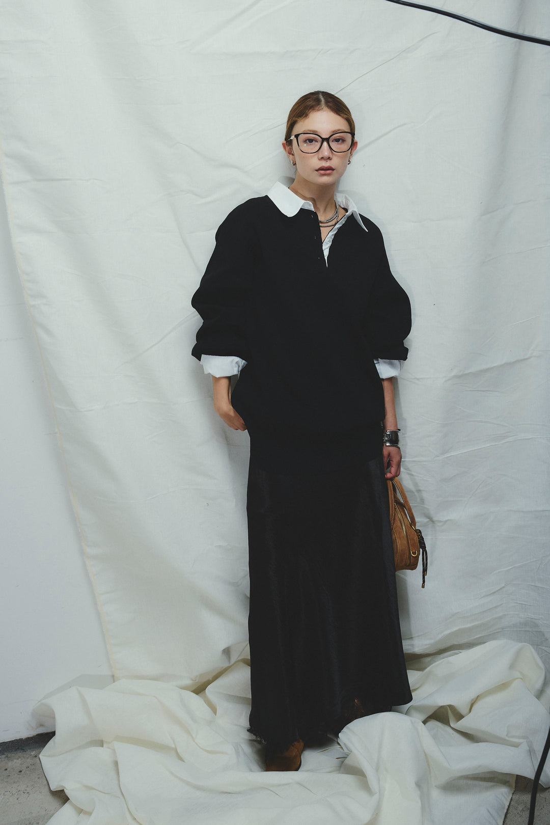 [予約/SET]プレッピーコントラストニット+裾レースサテンスカート(2set)