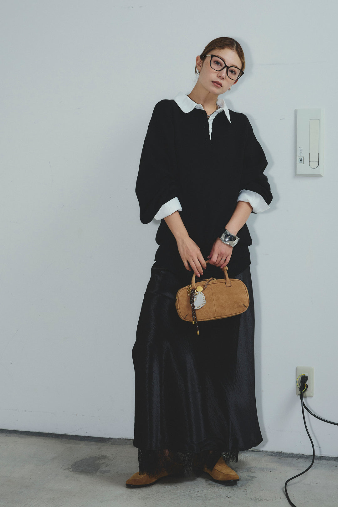 [予約/SET]プレッピーコントラストニット+裾レースサテンスカート(2set)