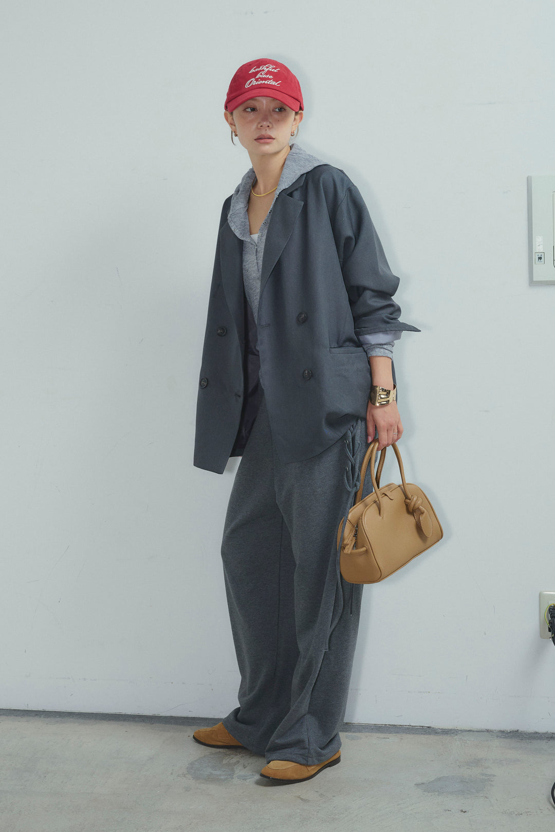 [予約/SET]ヘザーツイルダブルジャケット+シアーフーディ+サイドレースアップスウェットパンツ(3set)