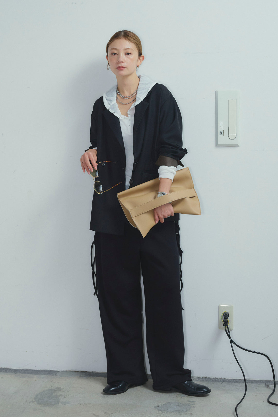 [予約/SET]ヘザーツイルダブルジャケット+サイドレースアップスウェットパンツ(2set)