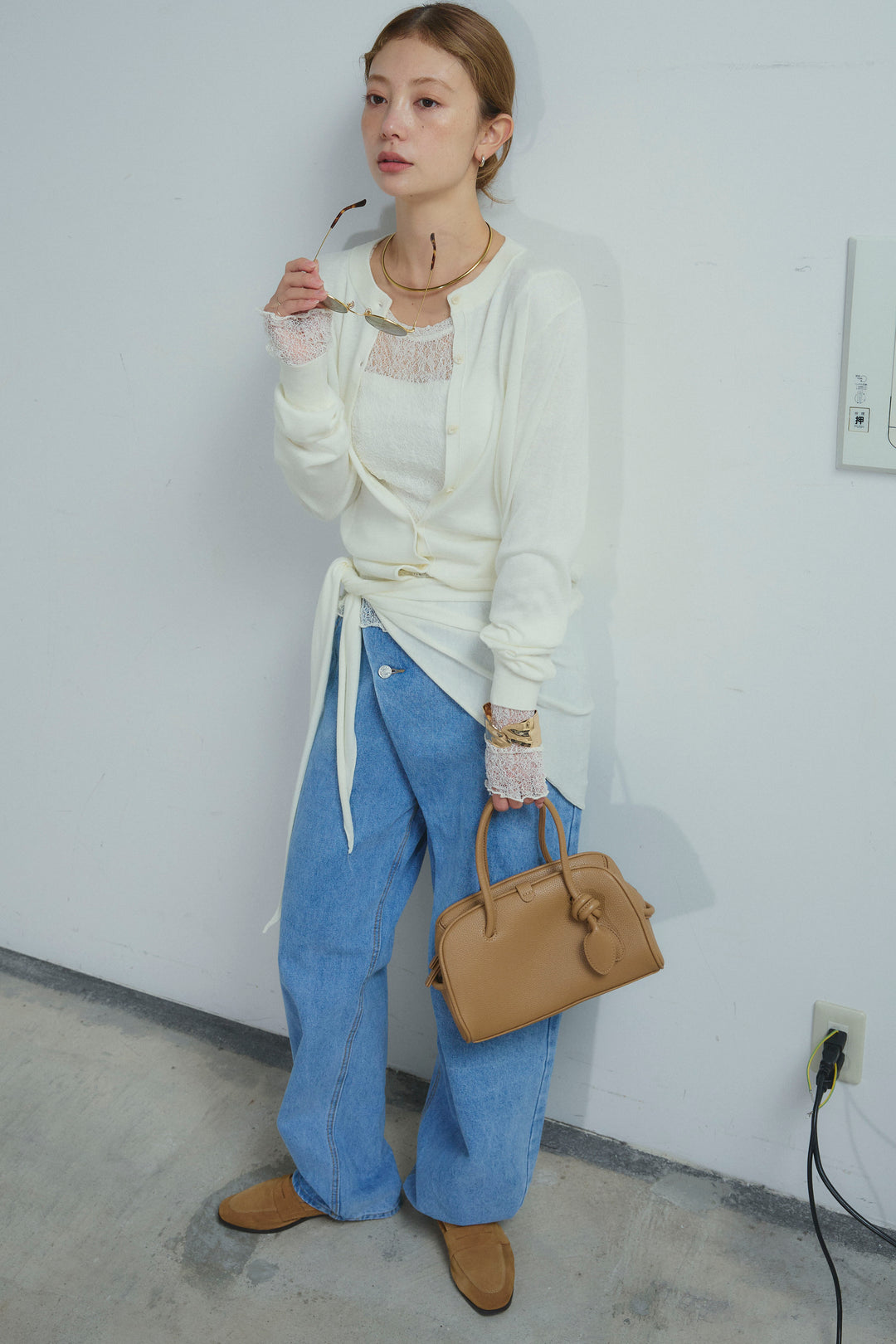 [予約/SET]スカーフセットウール混カーデ+アシメウエストデニム(2set)