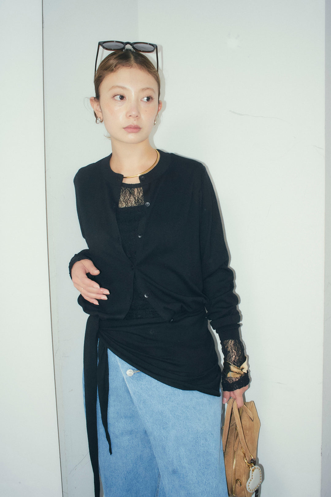 [予約/SET]スカーフセットウール混カーデ+アシメウエストデニム(2set)