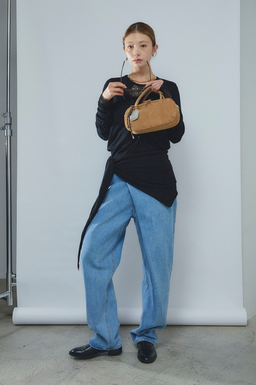 [予約/SET]スカーフセットウール混カーデ+シアーレーストップス+アシメウエストデニム(3set)