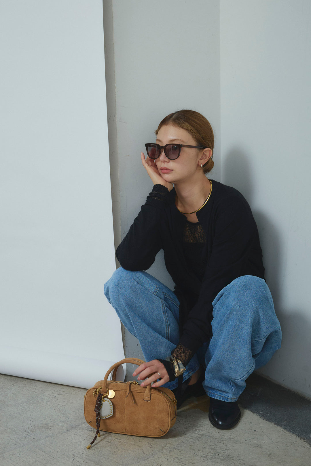 [予約/SET]スカーフセットウール混カーデ+アシメウエストデニム(2set)