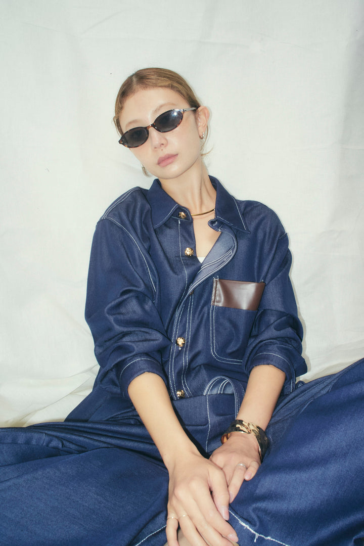 [予約]フェイクレザーポケット付きデニムセットアップ