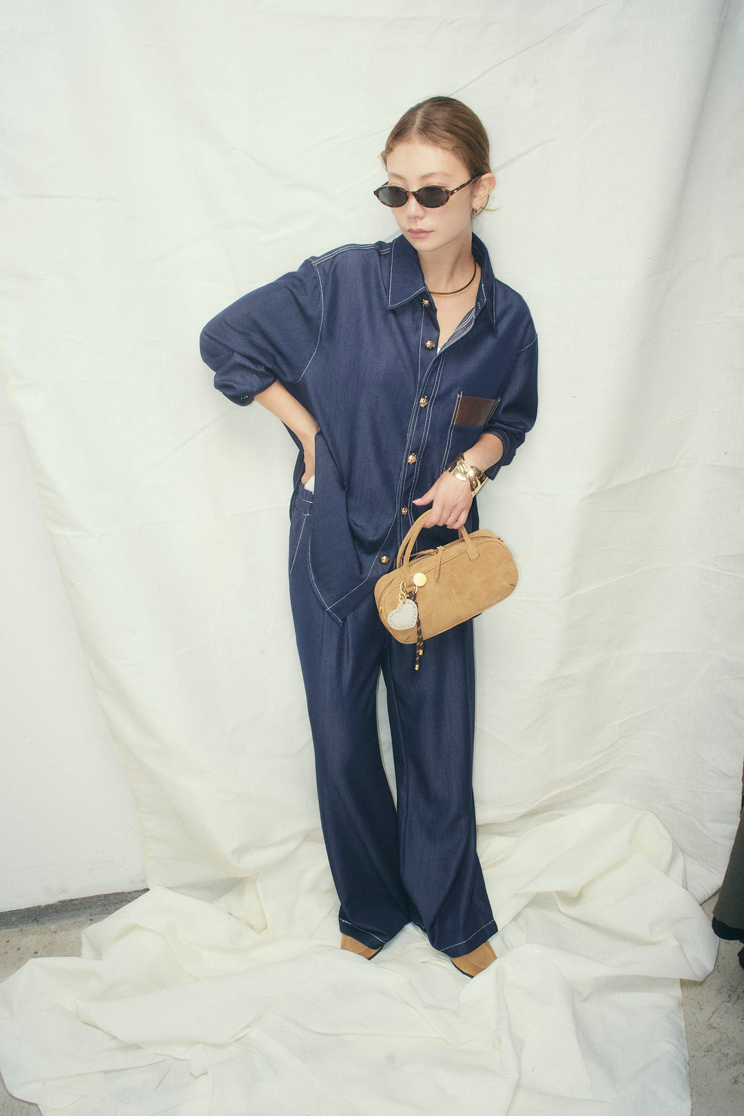 [予約]フェイクレザーポケット付きデニムセットアップ