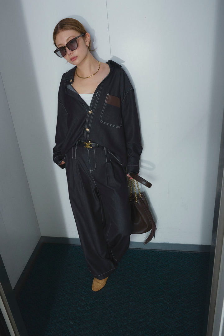 [予約]フェイクレザーポケット付きデニムセットアップ