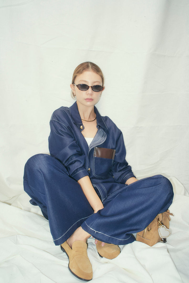 [予約]フェイクレザーポケット付きデニムセットアップ