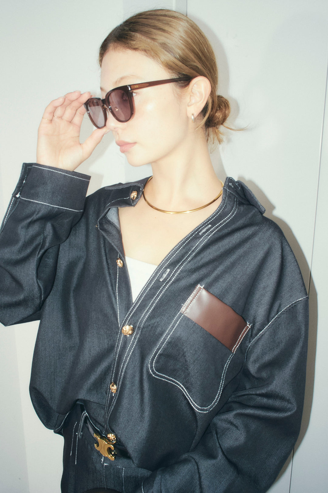 [予約]フェイクレザーポケット付きデニムセットアップ