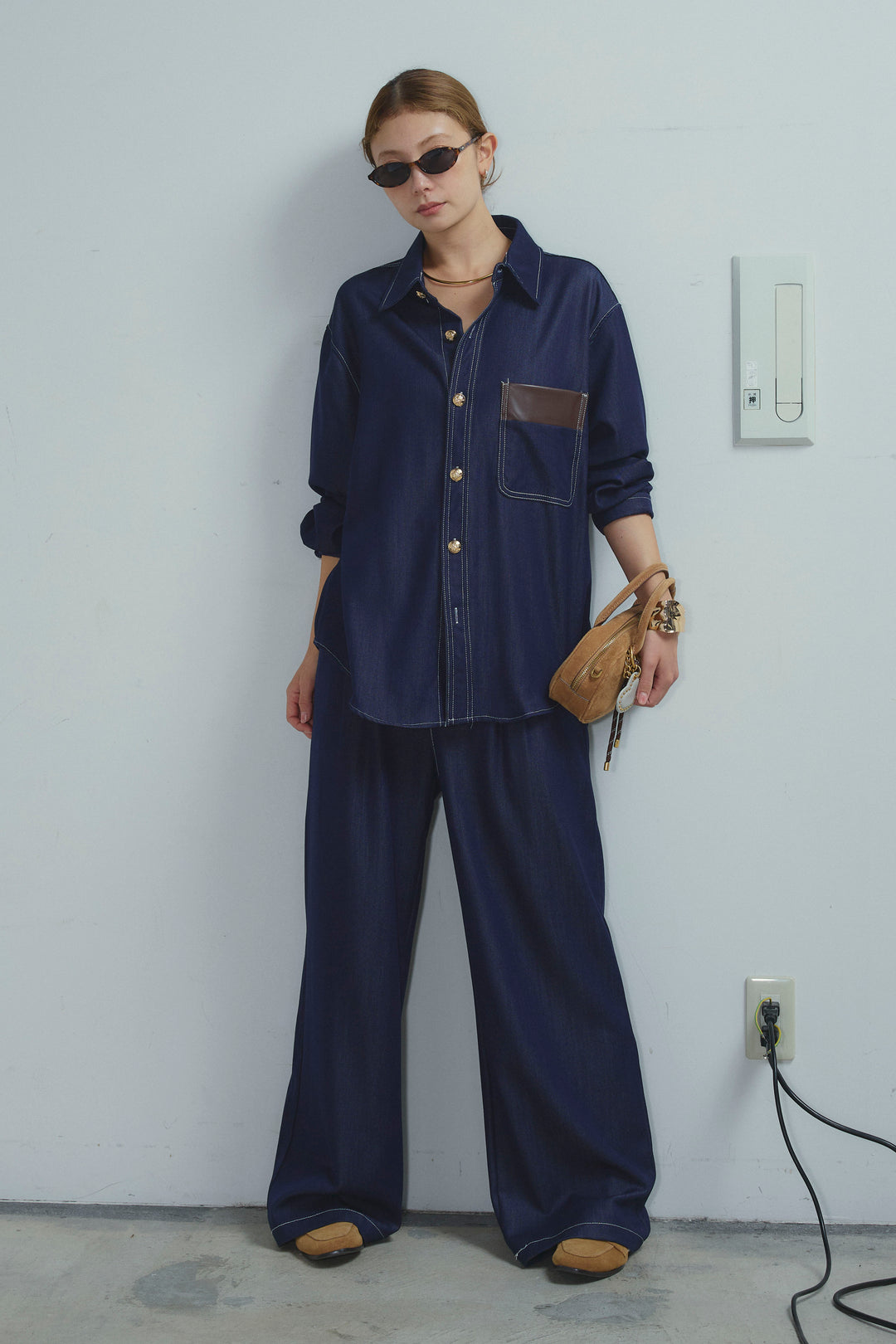 [予約]フェイクレザーポケット付きデニムセットアップ