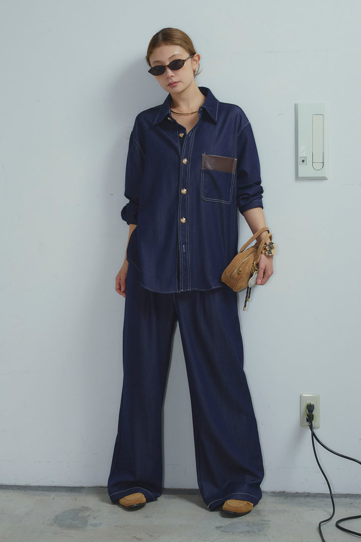 [予約]フェイクレザーポケット付きデニムセットアップ