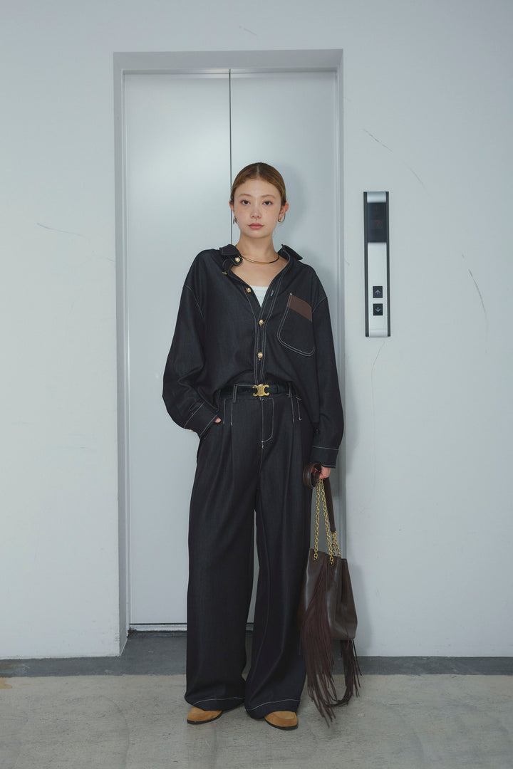 [予約]フェイクレザーポケット付きデニムセットアップ