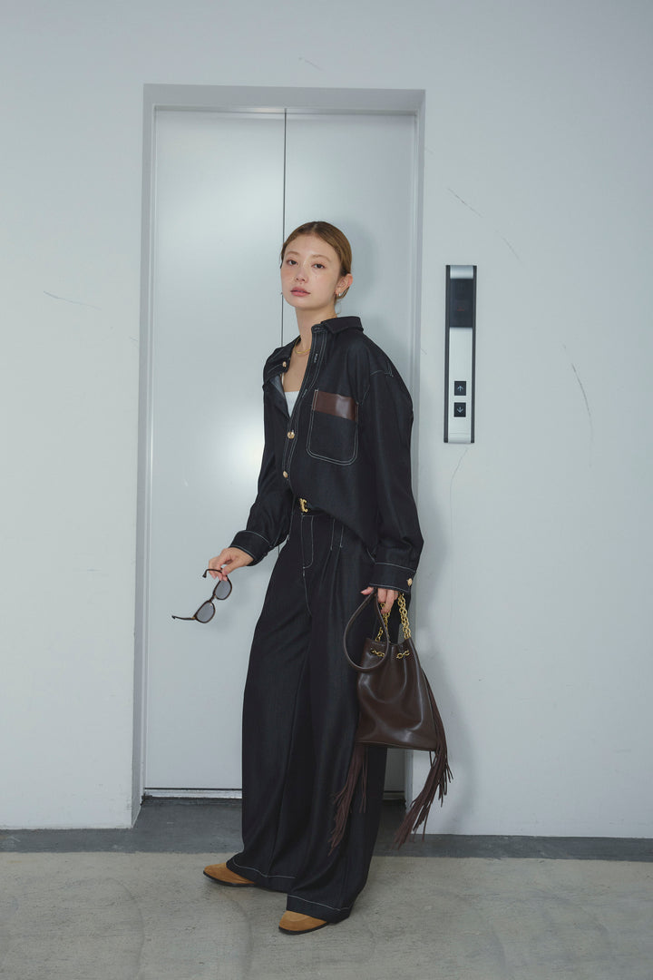 [予約]フェイクレザーポケット付きデニムセットアップ