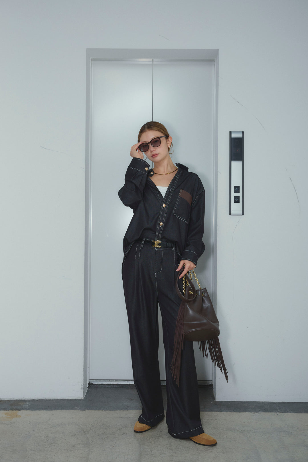 [予約]フェイクレザーポケット付きデニムセットアップ