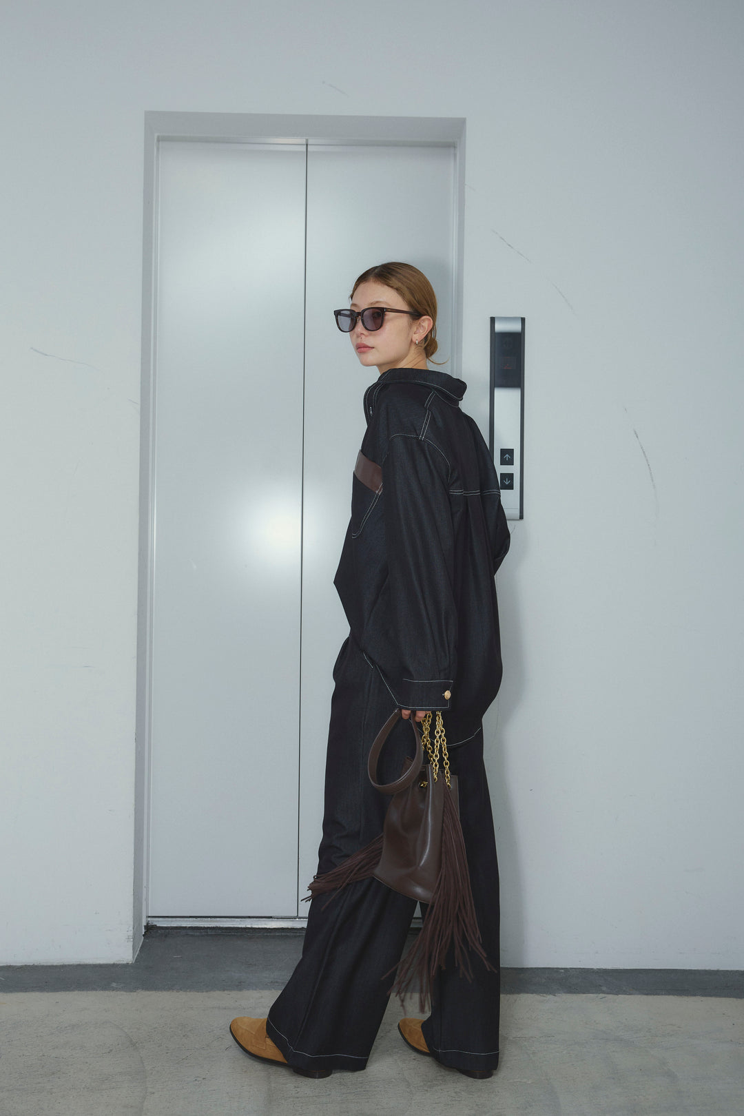 [予約]フェイクレザーポケット付きデニムセットアップ