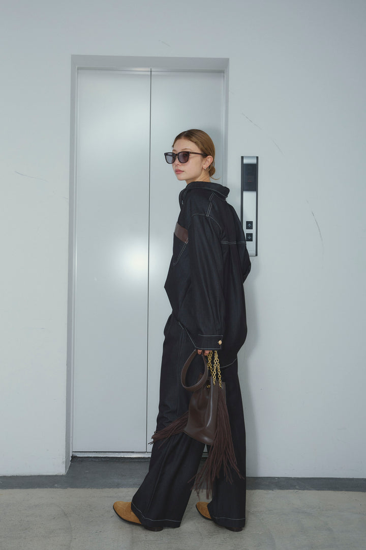 [予約]フェイクレザーポケット付きデニムセットアップ