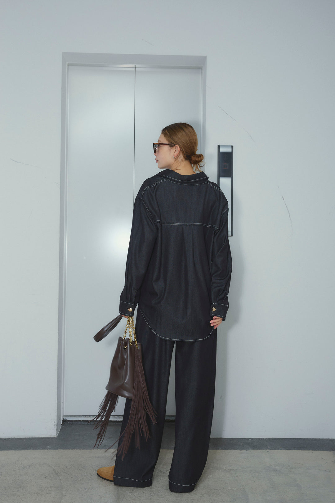 [予約]フェイクレザーポケット付きデニムセットアップ