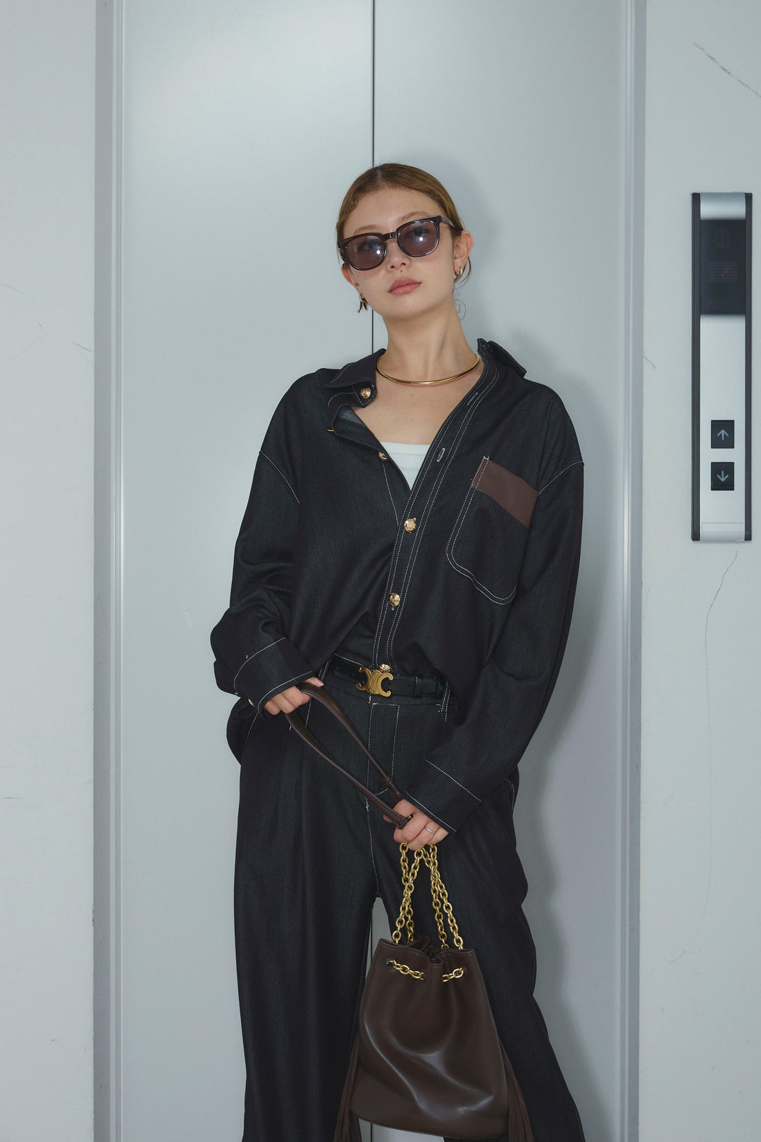 [予約]フェイクレザーポケット付きデニムセットアップ