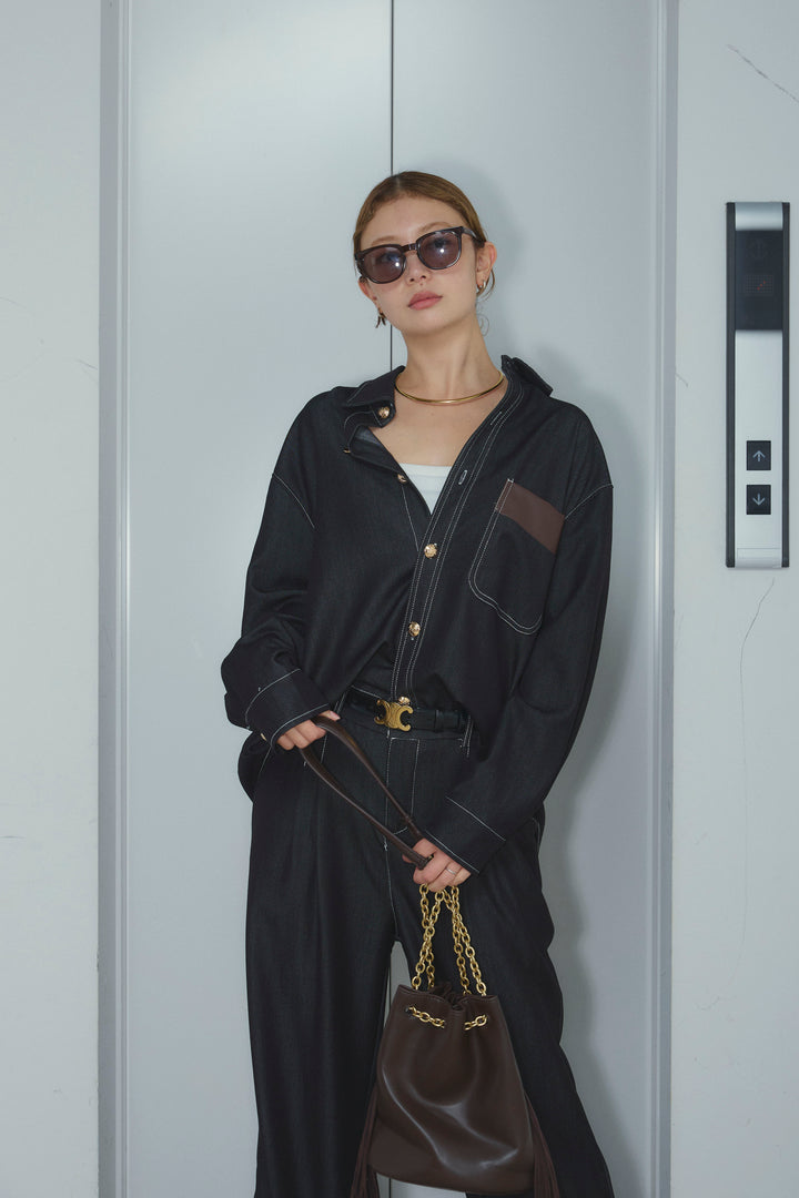 [予約]フェイクレザーポケット付きデニムセットアップ