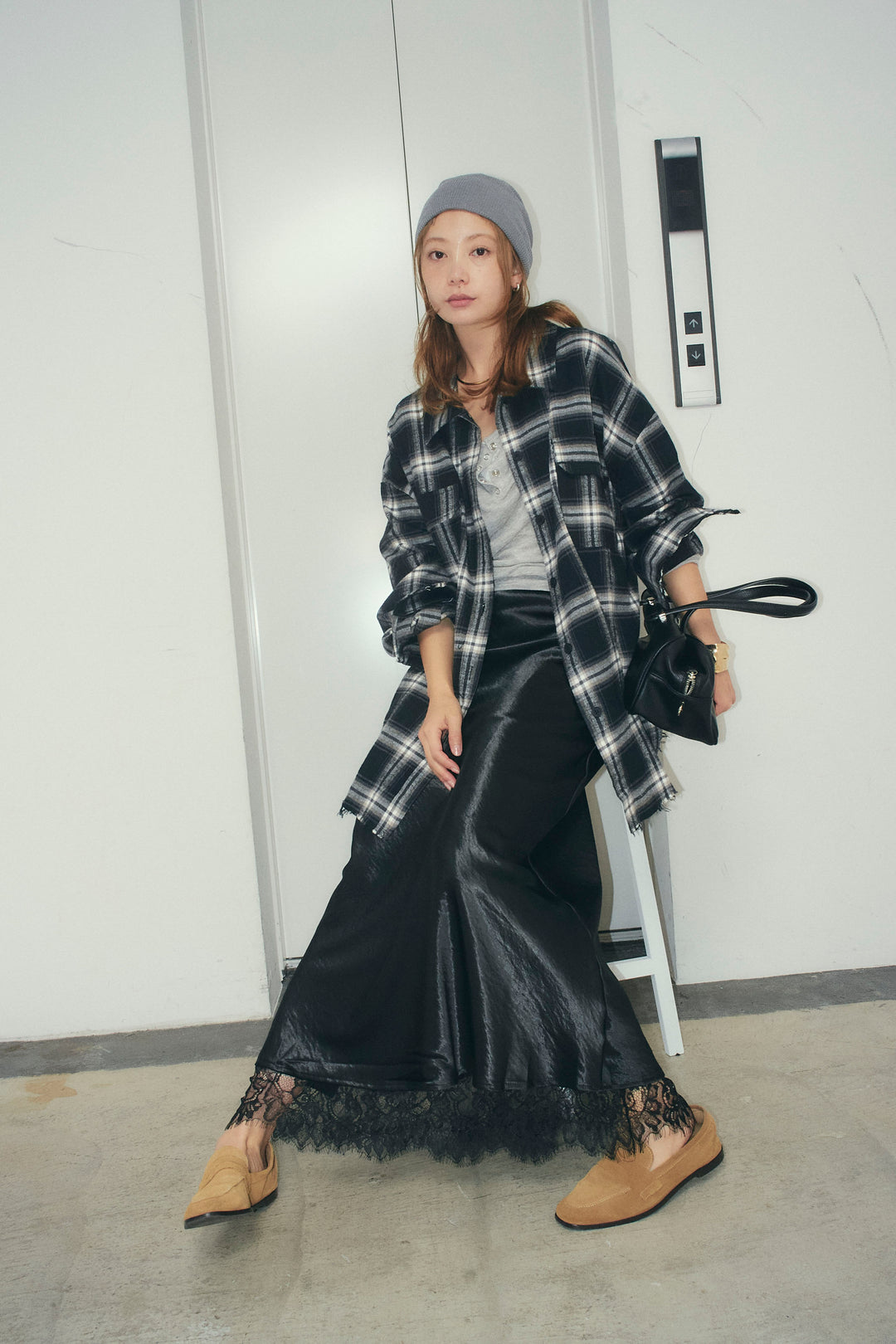 [予約/SET]ヴィンテージライクチェックシャツJK+シアーヘンリーネックロンT+裾レースサテンスカート(3set)