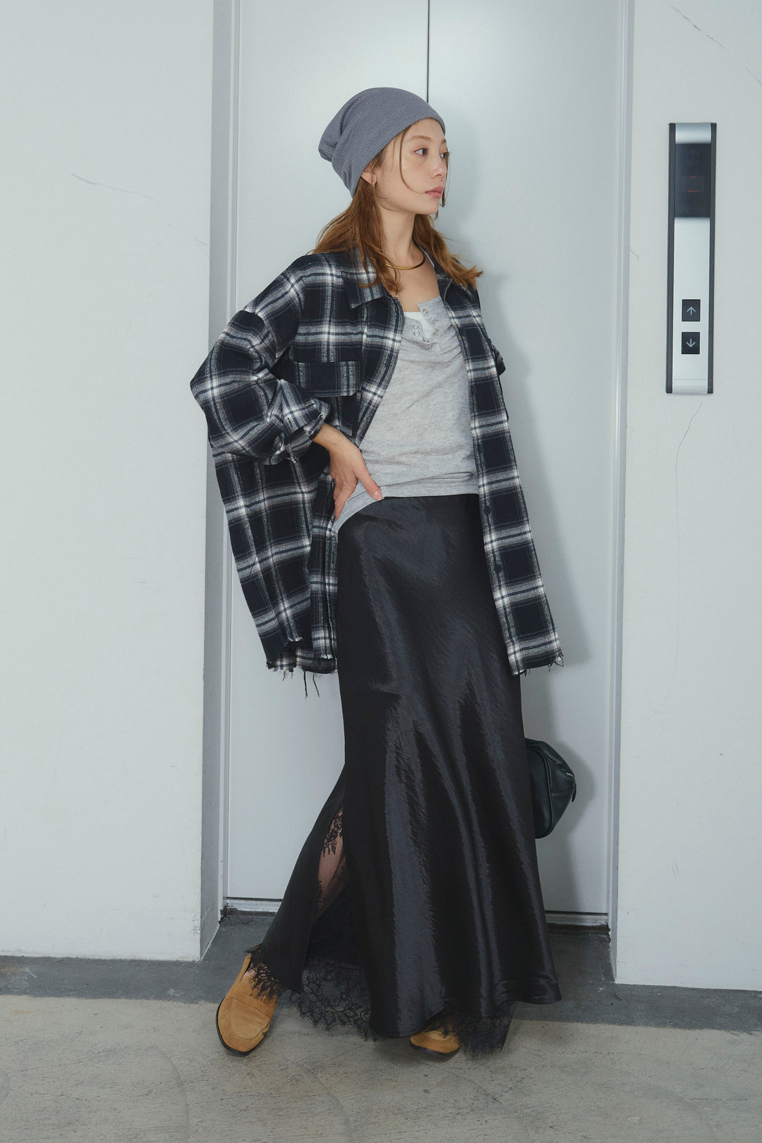 [予約/SET]ヴィンテージライクチェックシャツJK+裾レースサテンスカート(2set)