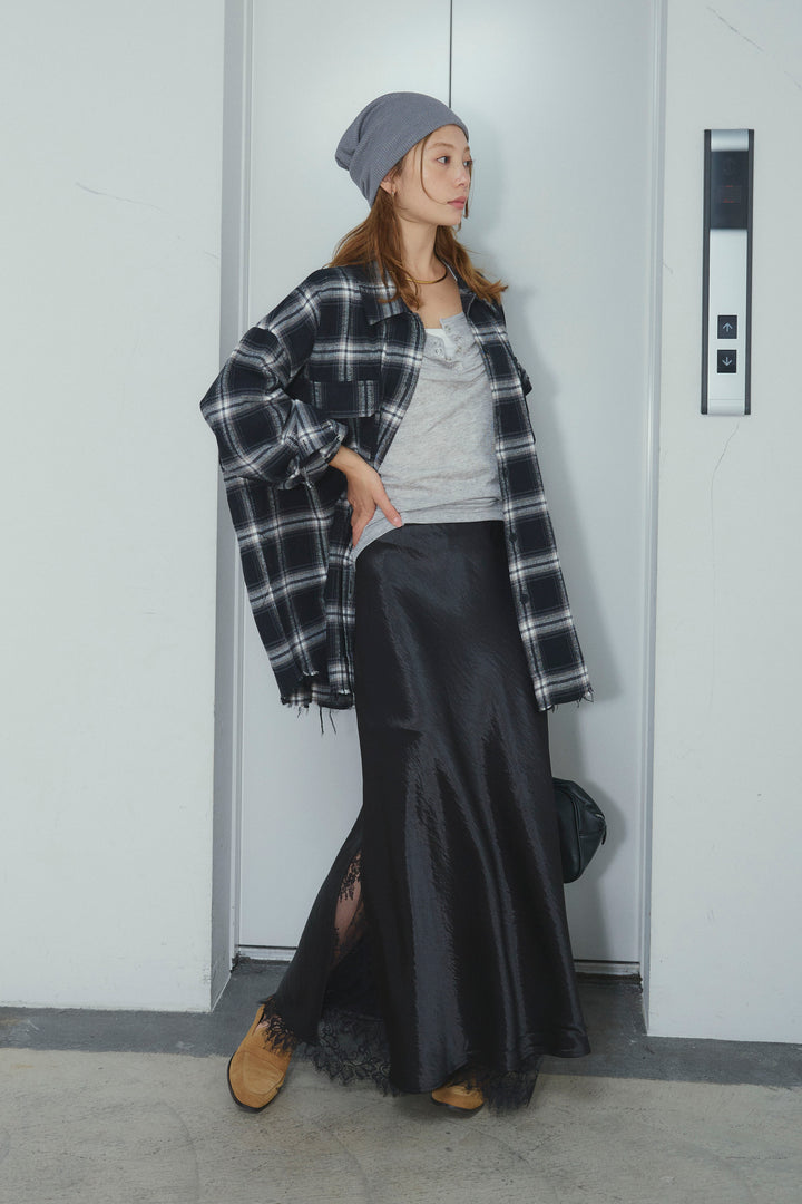 [予約/SET]ヴィンテージライクチェックシャツJK+裾レースサテンスカート(2set)