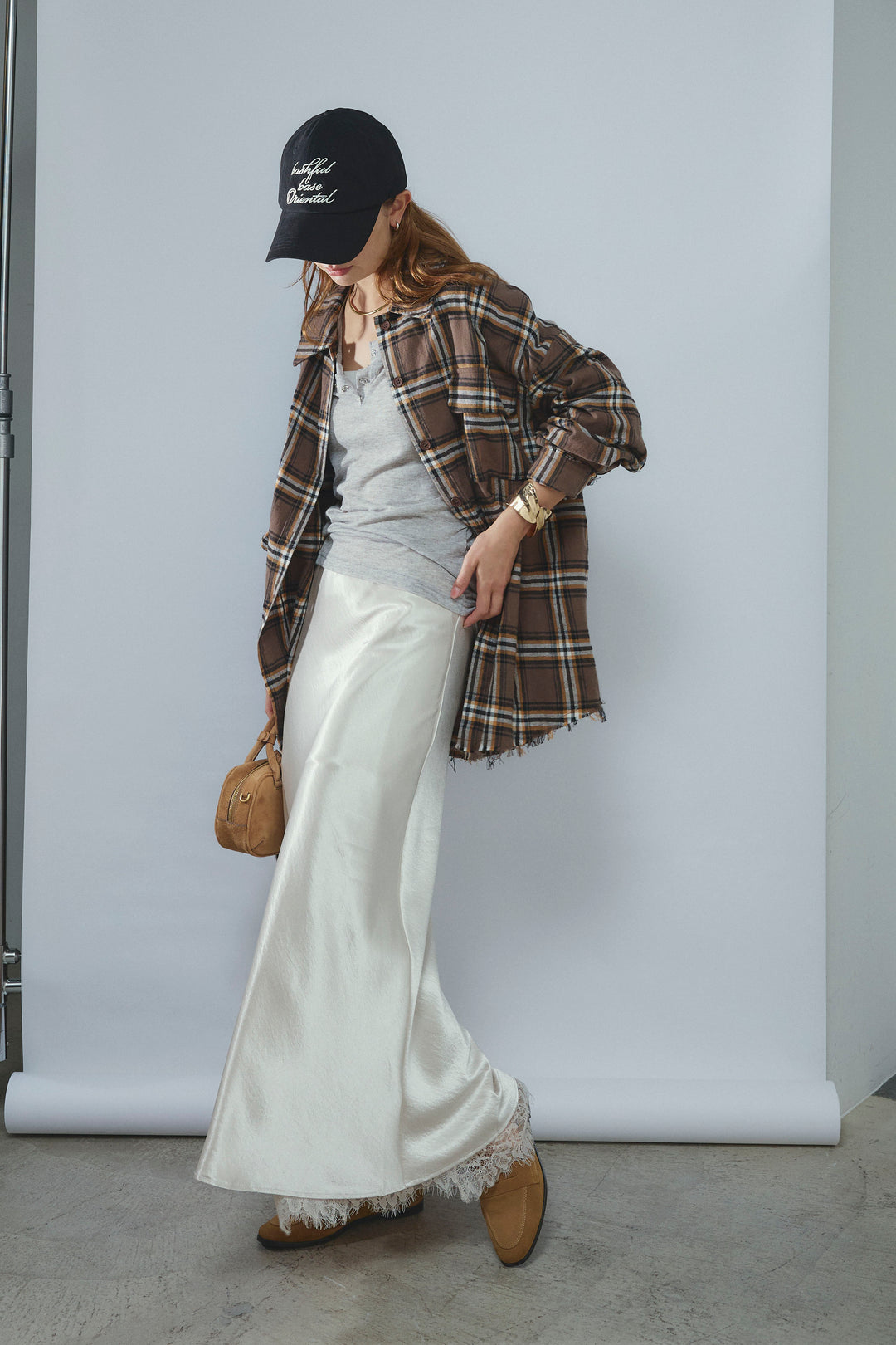 [予約/SET]ヴィンテージライクチェックシャツJK+シアーヘンリーネックロンT+裾レースサテンスカート(3set)