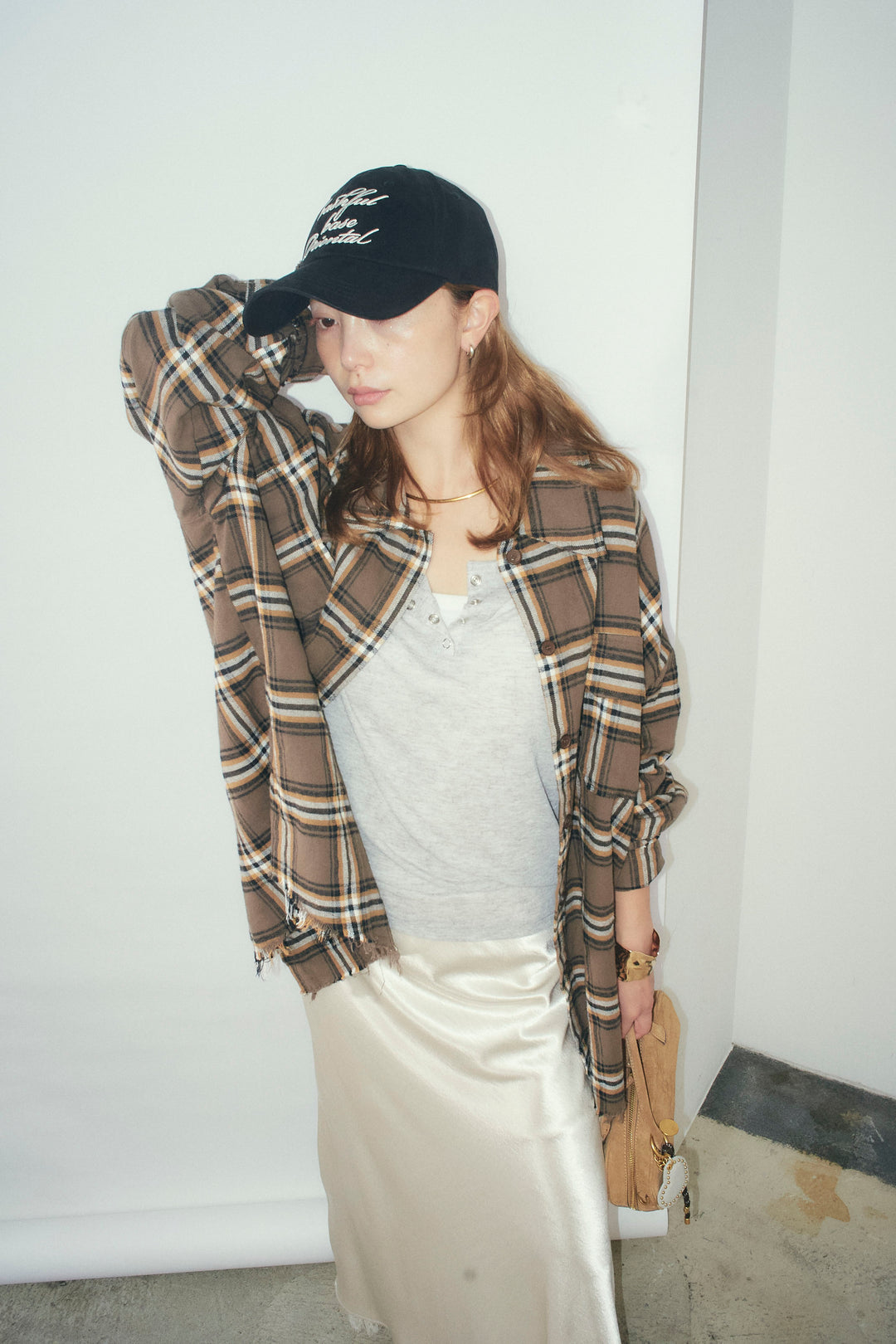 [予約/SET]ヴィンテージライクチェックシャツJK+裾レースサテンスカート(2set)