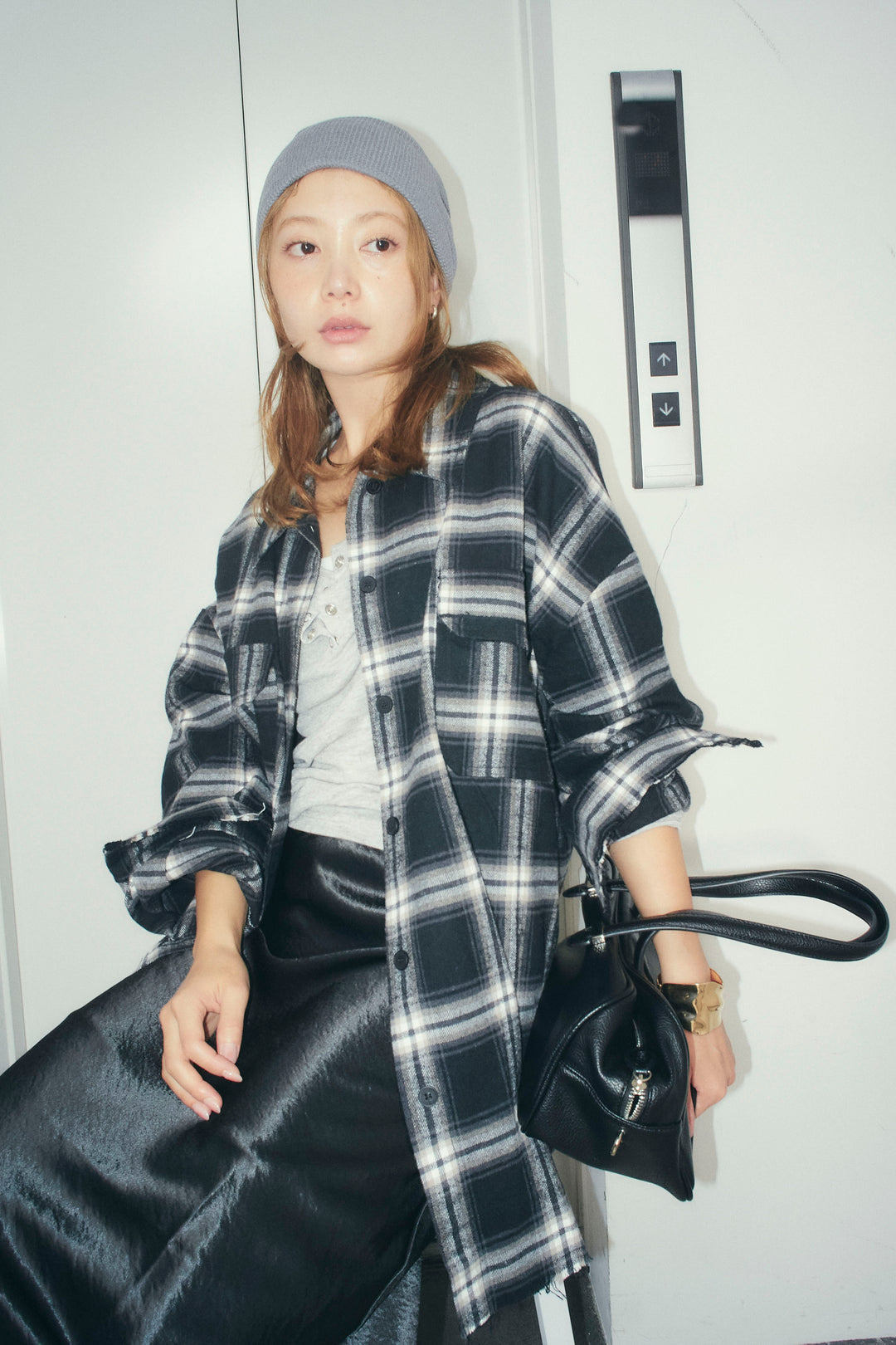 [予約/SET]ヴィンテージライクチェックシャツJK+シアーヘンリーネックロンT+裾レースサテンスカート(3set)