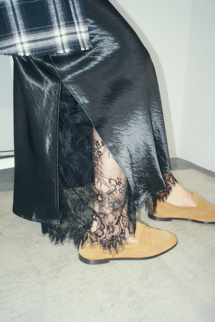 [予約/SET]ヴィンテージライクチェックシャツJK+裾レースサテンスカート(2set)