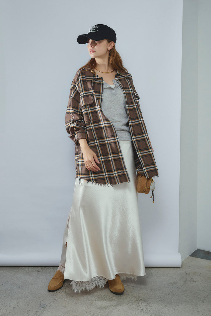 [予約/SET]ヴィンテージライクチェックシャツJK+シアーヘンリーネックロンT+裾レースサテンスカート(3set)