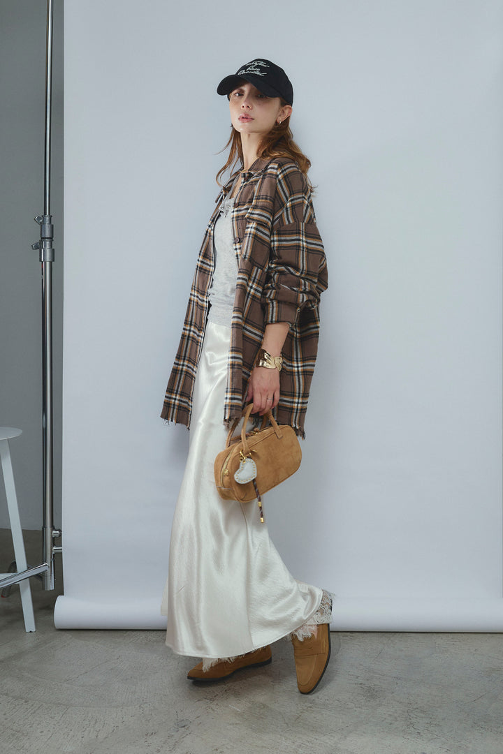 [予約/SET]ヴィンテージライクチェックシャツJK+裾レースサテンスカート(2set)