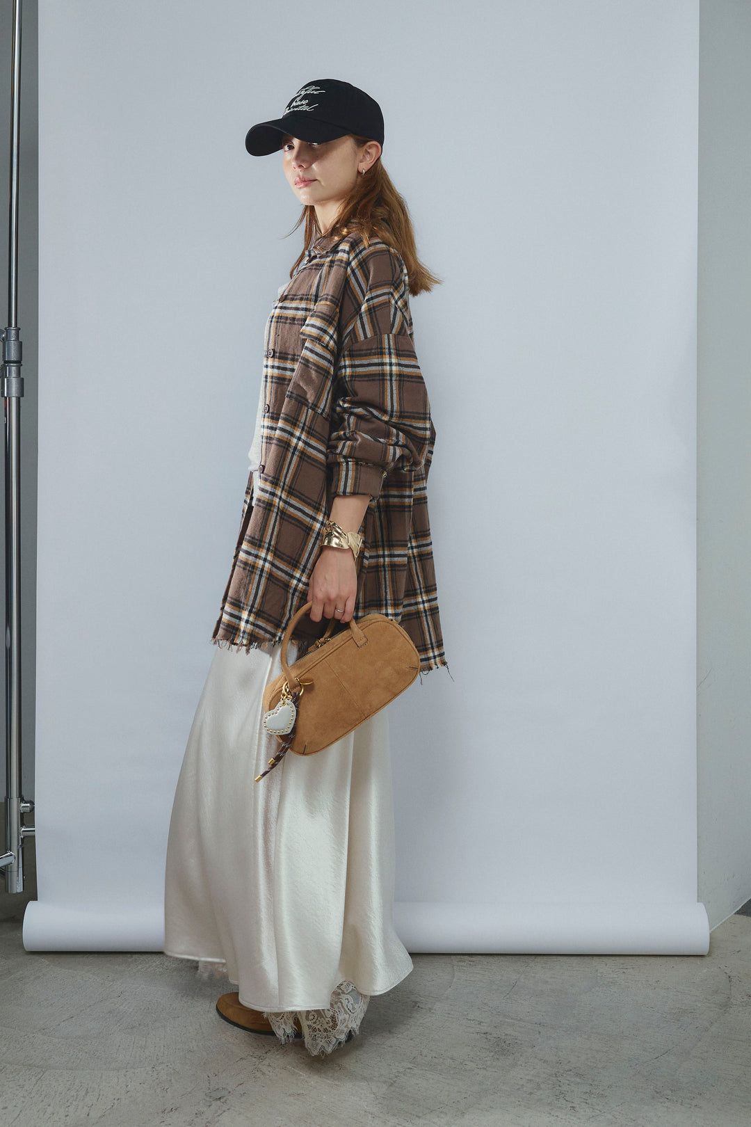 [予約/SET]ヴィンテージライクチェックシャツJK+裾レースサテンスカート(2set)