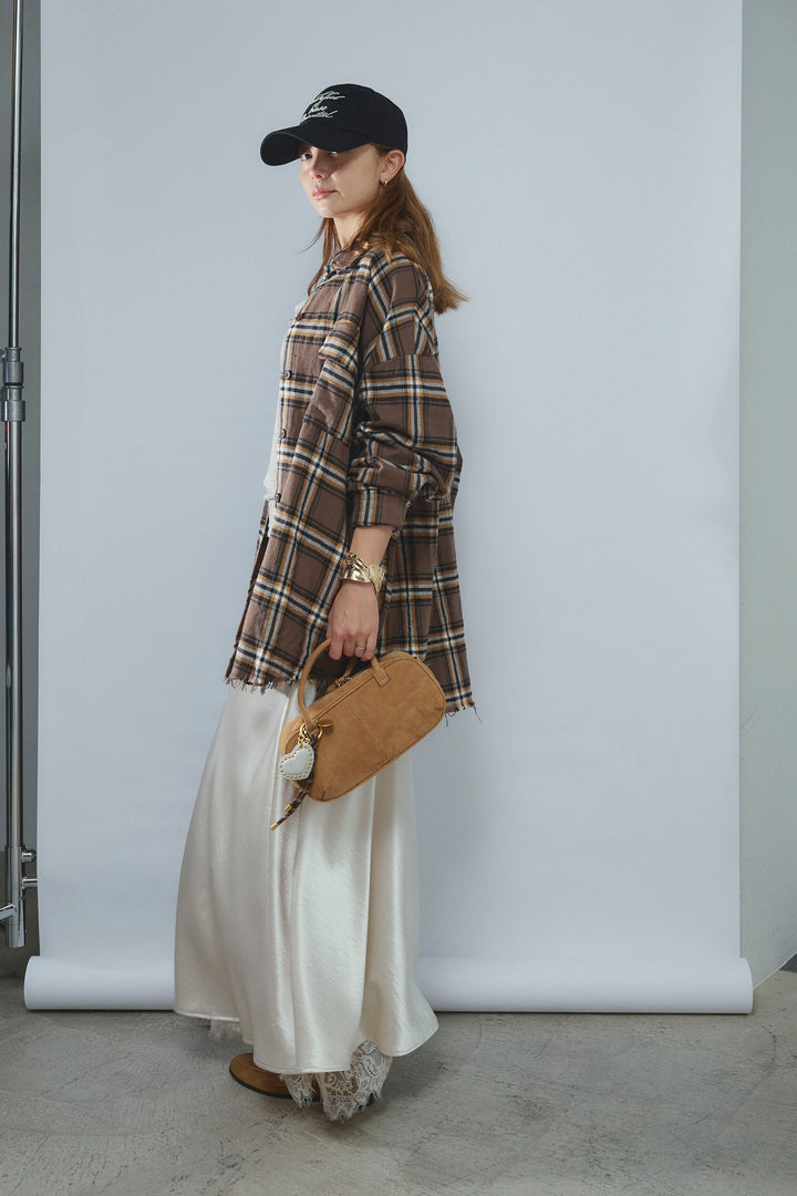 [予約/SET]ヴィンテージライクチェックシャツJK+裾レースサテンスカート(2set)