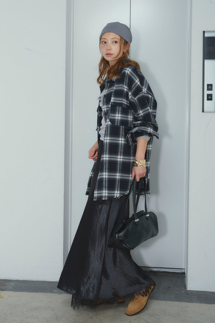 [予約/SET]ヴィンテージライクチェックシャツJK+裾レースサテンスカート(2set)