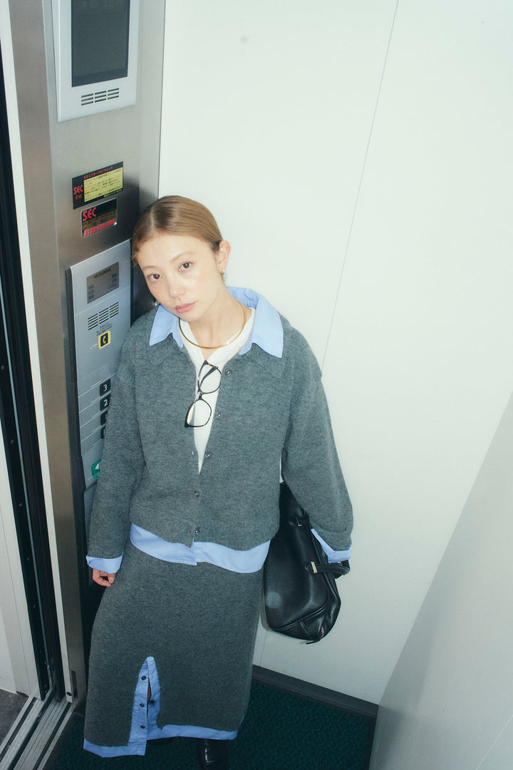 [予約/SET]シャツレイヤードライクニットカーデ+袖レースレイヤードプルオーバー+シャツレイヤードライクニットスカート(3set)