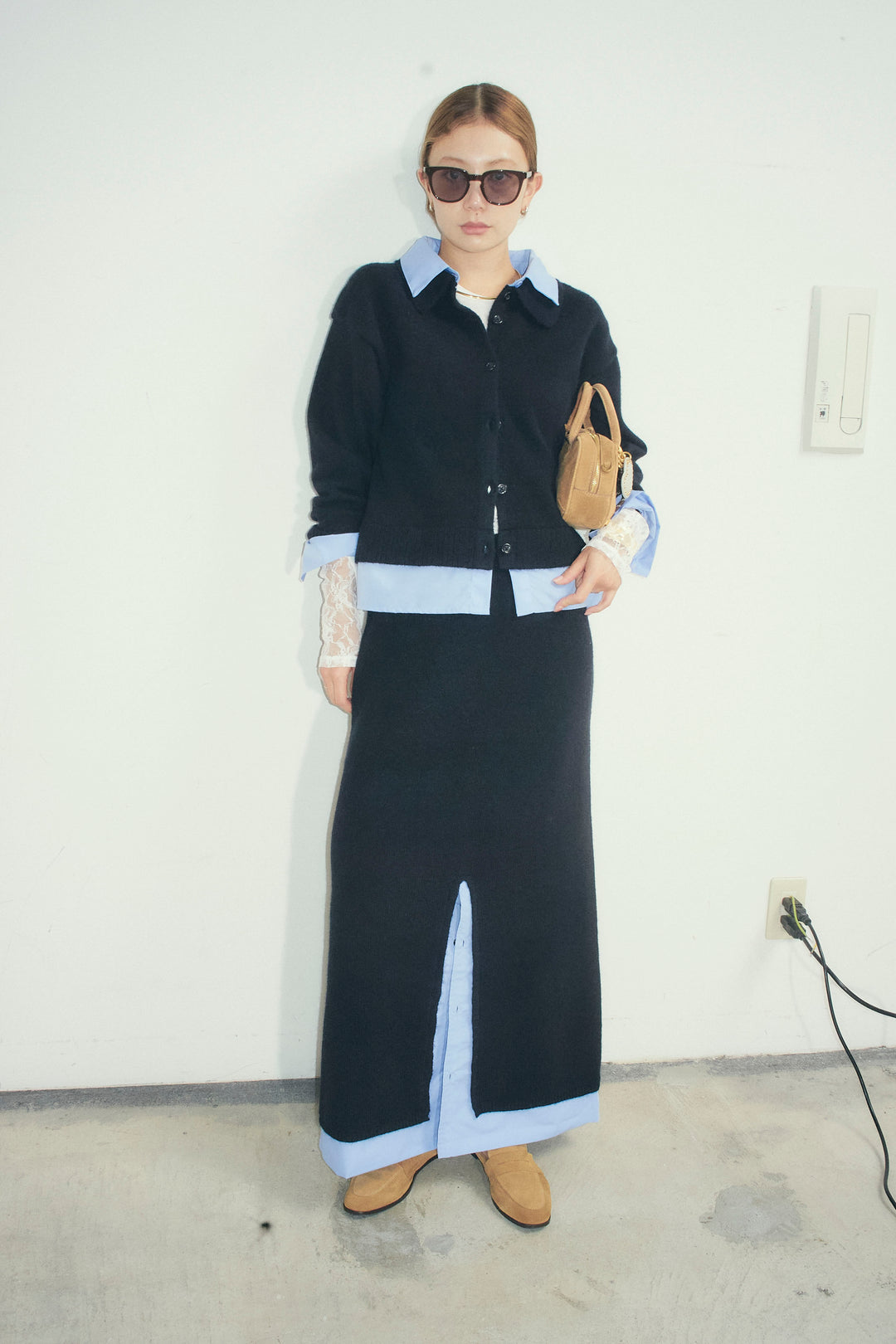 [予約/SET]シャツレイヤードライクニットカーデ+袖レースレイヤードプルオーバー+シャツレイヤードライクニットスカート(3set)