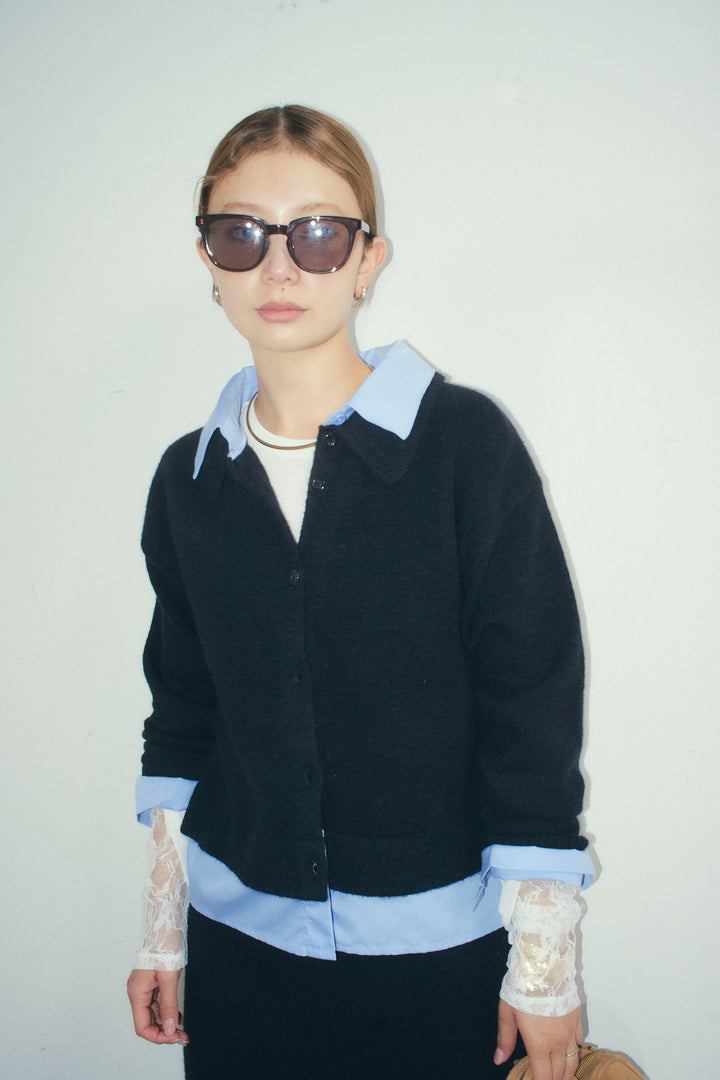 [予約/SET]シャツレイヤードライクニットカーデ+袖レースレイヤードプルオーバー+シャツレイヤードライクニットスカート(3set)