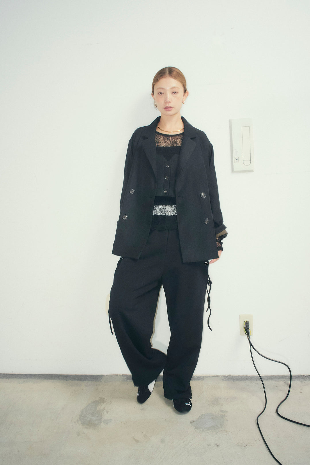 [予約/SET]ヘザーツイルダブルジャケット+シアーレーストップス+サイドレースアップスウェットパンツ(3set)