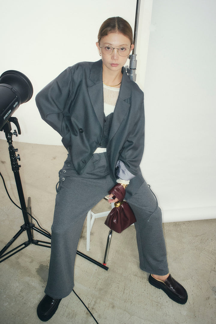 [予約/SET]ヘザーツイルダブルジャケット+シアーレーストップス+フェイクウールビスチェ+サイドレースアップスウェットパンツ(4set)