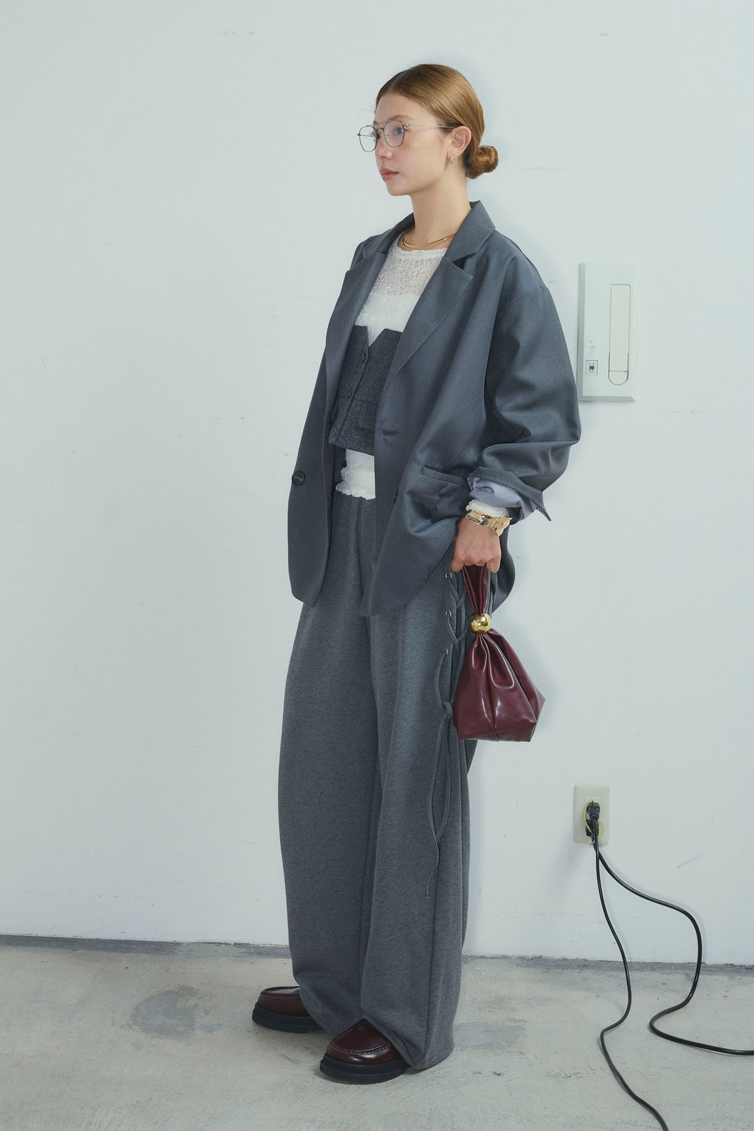 [予約/SET]ヘザーツイルダブルジャケット+サイドレースアップスウェットパンツ(2set)