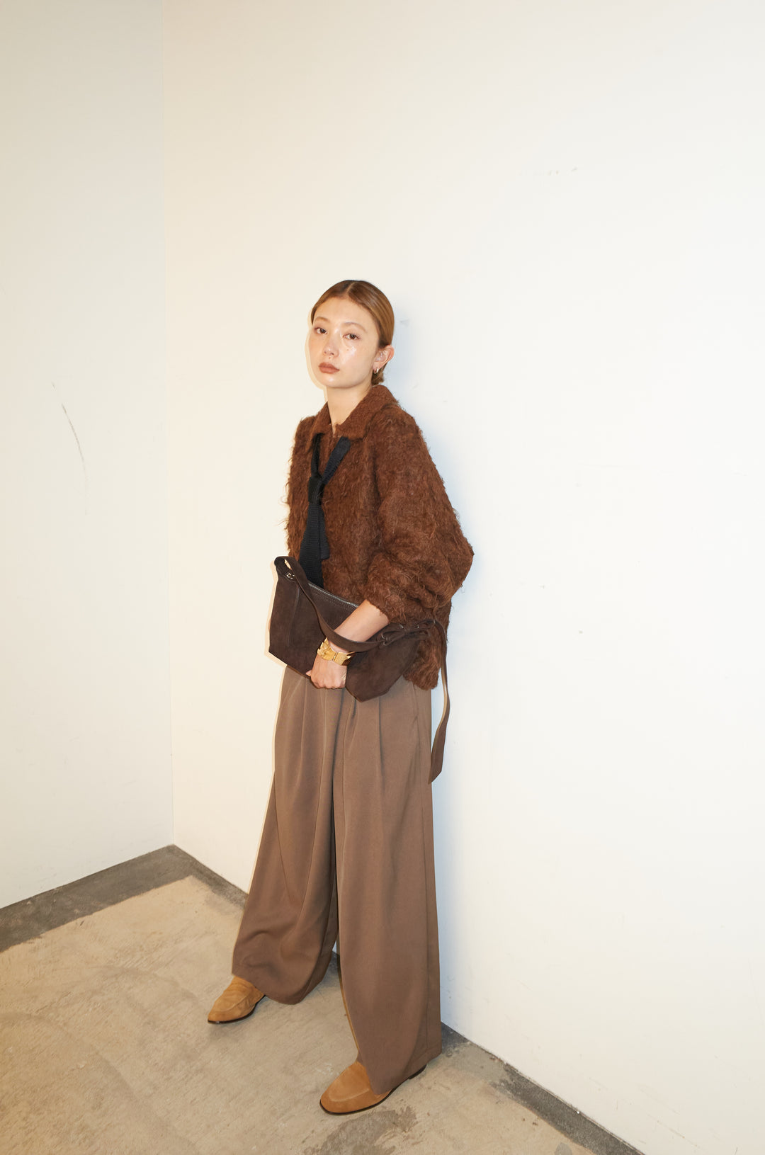 [予約/SET]ミックスシャギー襟付きカーデ+タックラップワイドPT(2set)