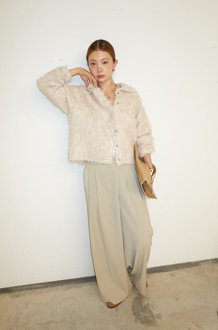 [予約/SET]ミックスシャギー襟付きカーデ+タックラップワイドPT(2set)