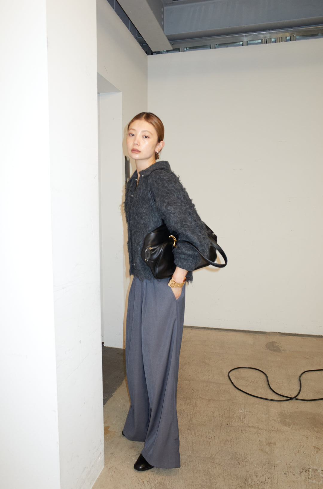 [予約/SET]ミックスシャギー襟付きカーデ+タックラップワイドPT(2set)