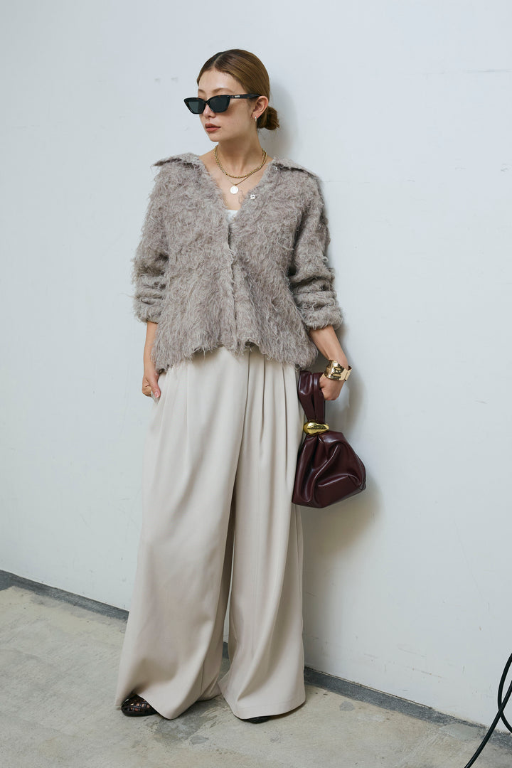 [予約/SET]ミックスシャギー襟付きカーデ+タックラップワイドPT(2set)