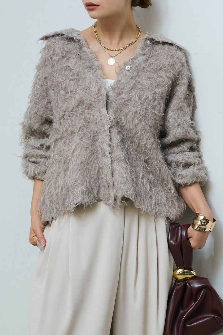 [予約]ミックスシャギー襟付きカーデ