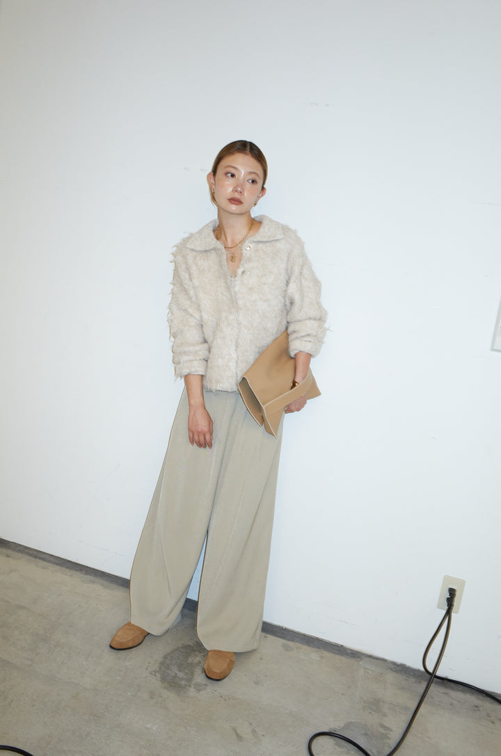 [予約/SET]ミックスシャギー襟付きカーデ+タックラップワイドPT(2set)