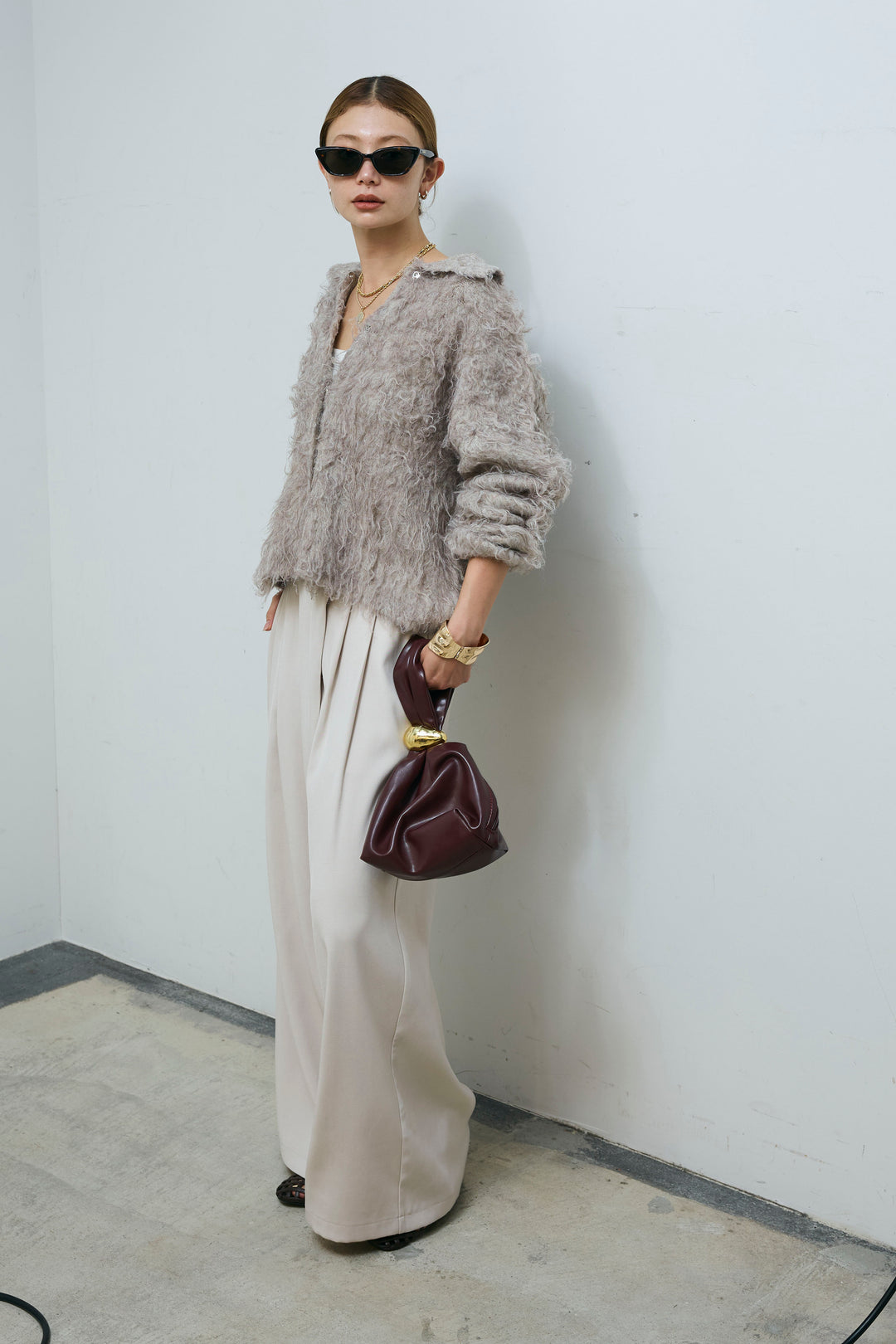 [予約/SET]ミックスシャギー襟付きカーデ+タックラップワイドPT(2set)